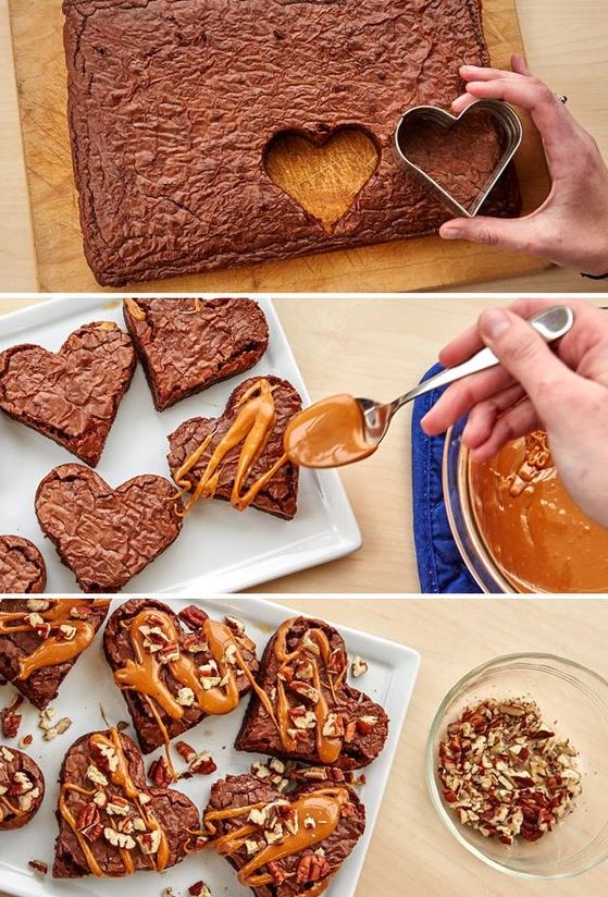 Caramel-Drizzled Brownie Hearts